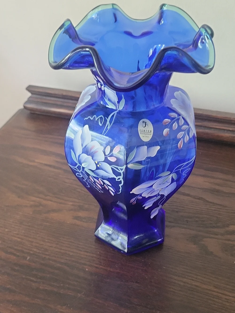 Fenton Cobalt Blue Hand-Painted Floral Ruffled Vintage Vase